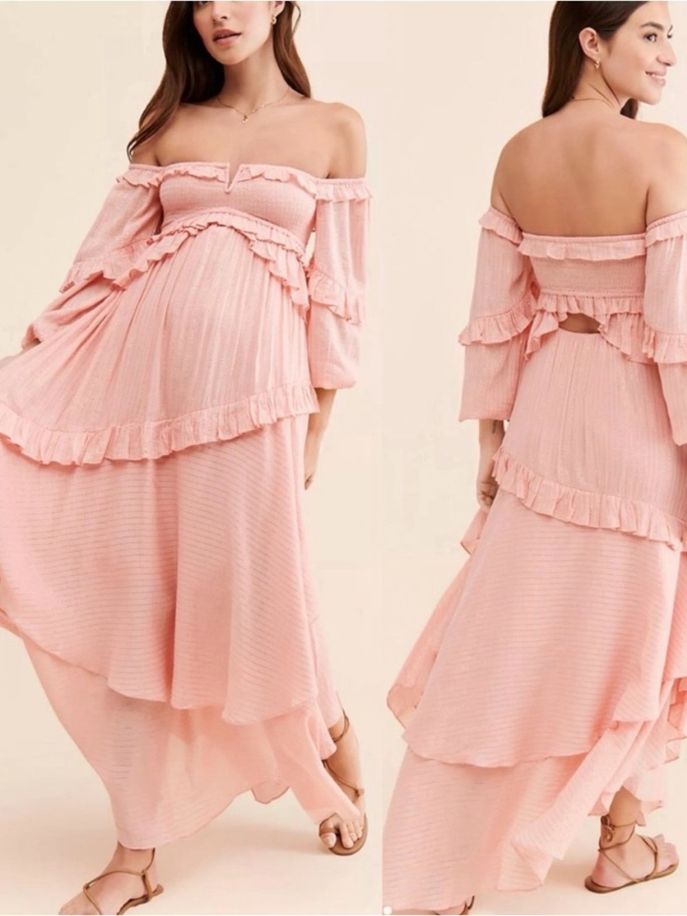 Free People Spell Clementine Mermaid Maxi Dress $349 S Pink Gold SMOCKED Ruffled